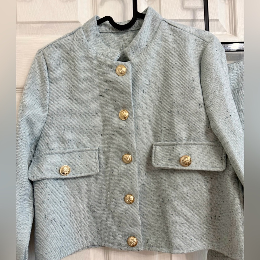 Women's Light Blue Tweed Skirt Set - Elegant Two-Piece - Picture 4 of 11